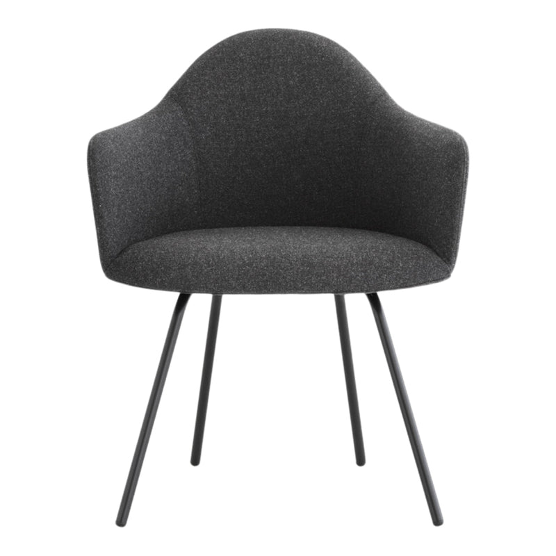 Gray upholstered chair with smooth contours and black metal legs, featuring a modern, minimalist design.