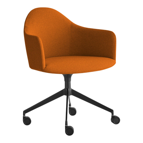 Orange upholstered chair with a sleek, modern design and a black wheeled base. Perfect for stylish office decor.