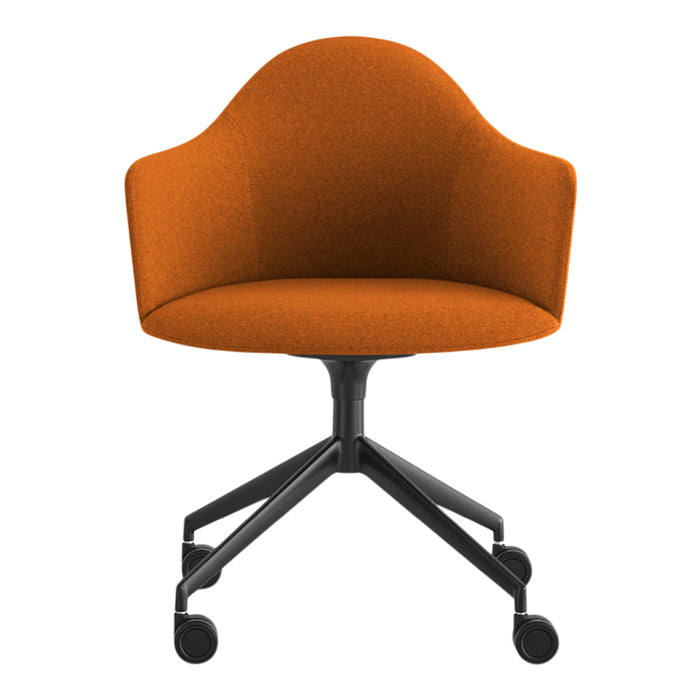 Orange upholstered chair with a smooth, rounded back and black metal base, set on rolling wheels. Ideal for modern decor.