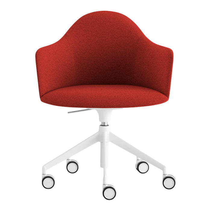 Red fabric swivel chair with a smooth curved back and white base, featuring five rolling wheels for easy mobility.