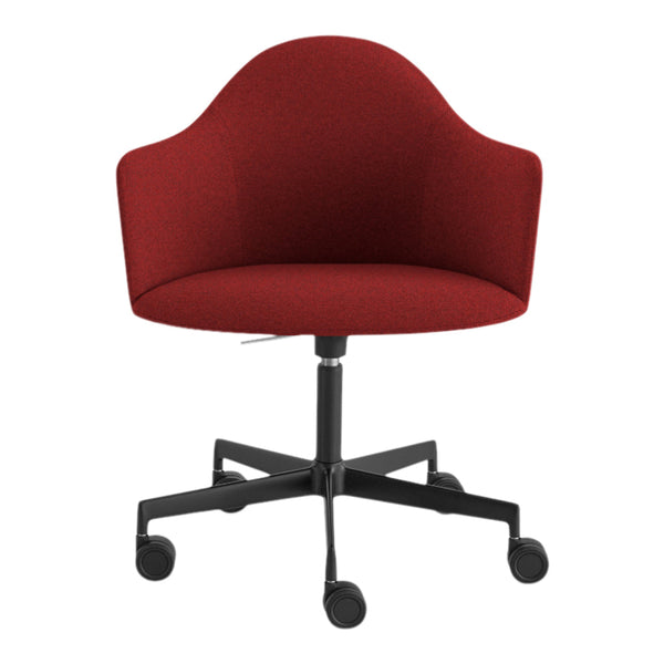 Red upholstered office chair with a curved back and black wheeled base. Simple, modern design with minimalistic patterns.