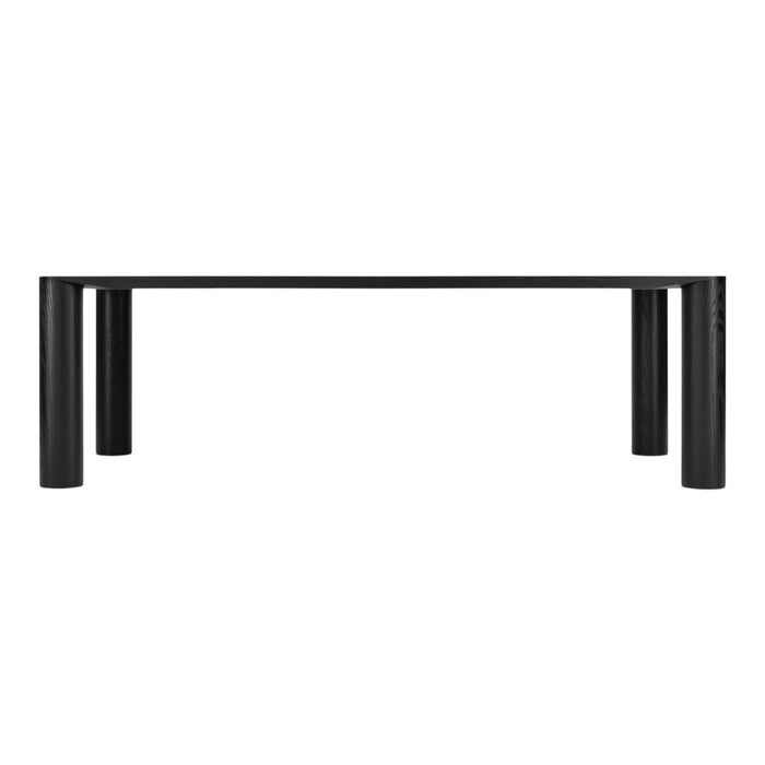 Sleek black rectangular table with simple cylindrical legs, perfect for modern interiors.