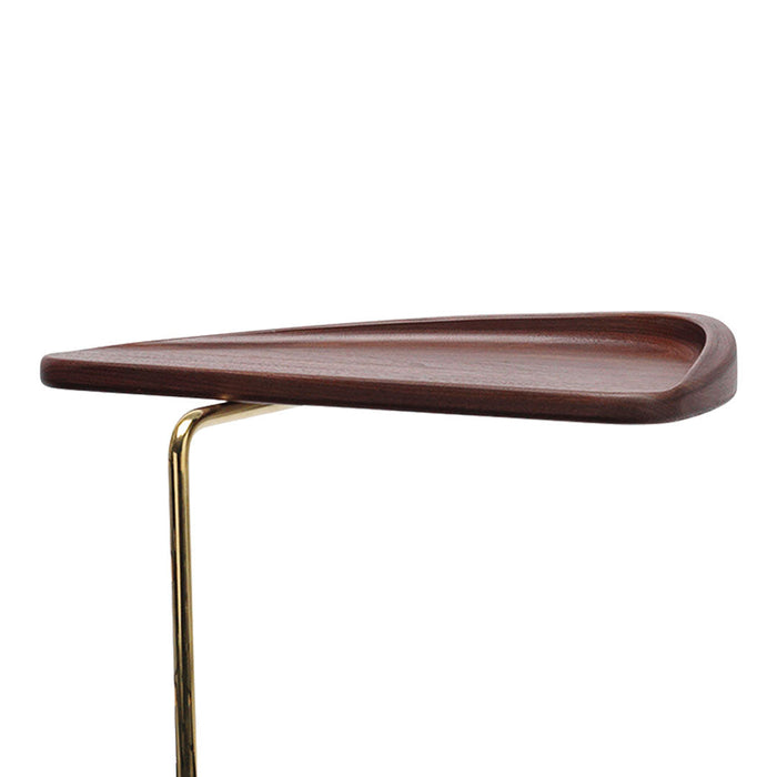 Walnut wood tray with smooth, rounded edges and a sleek brass stand, showcasing a modern, minimalistic design.