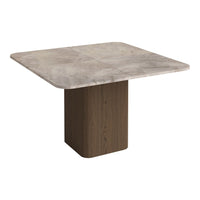 Square dining table with a light gray marble top and a dark wood base, showcasing a modern, minimalist design.
