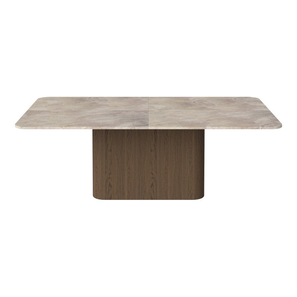 Rectangular dining table with a gray marble top and a sleek walnut wood base, showcasing a modern minimalist design.