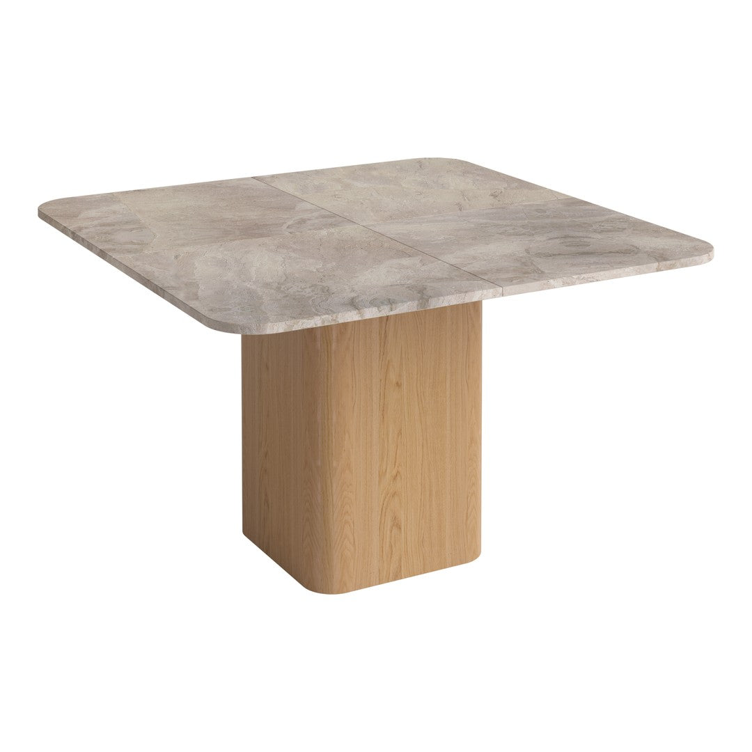 Square marble table with a subtle grey pattern and a smooth natural wood base. Ideal for modern decor.