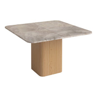 Square marble table with a subtle grey pattern and a smooth natural wood base. Ideal for modern decor.