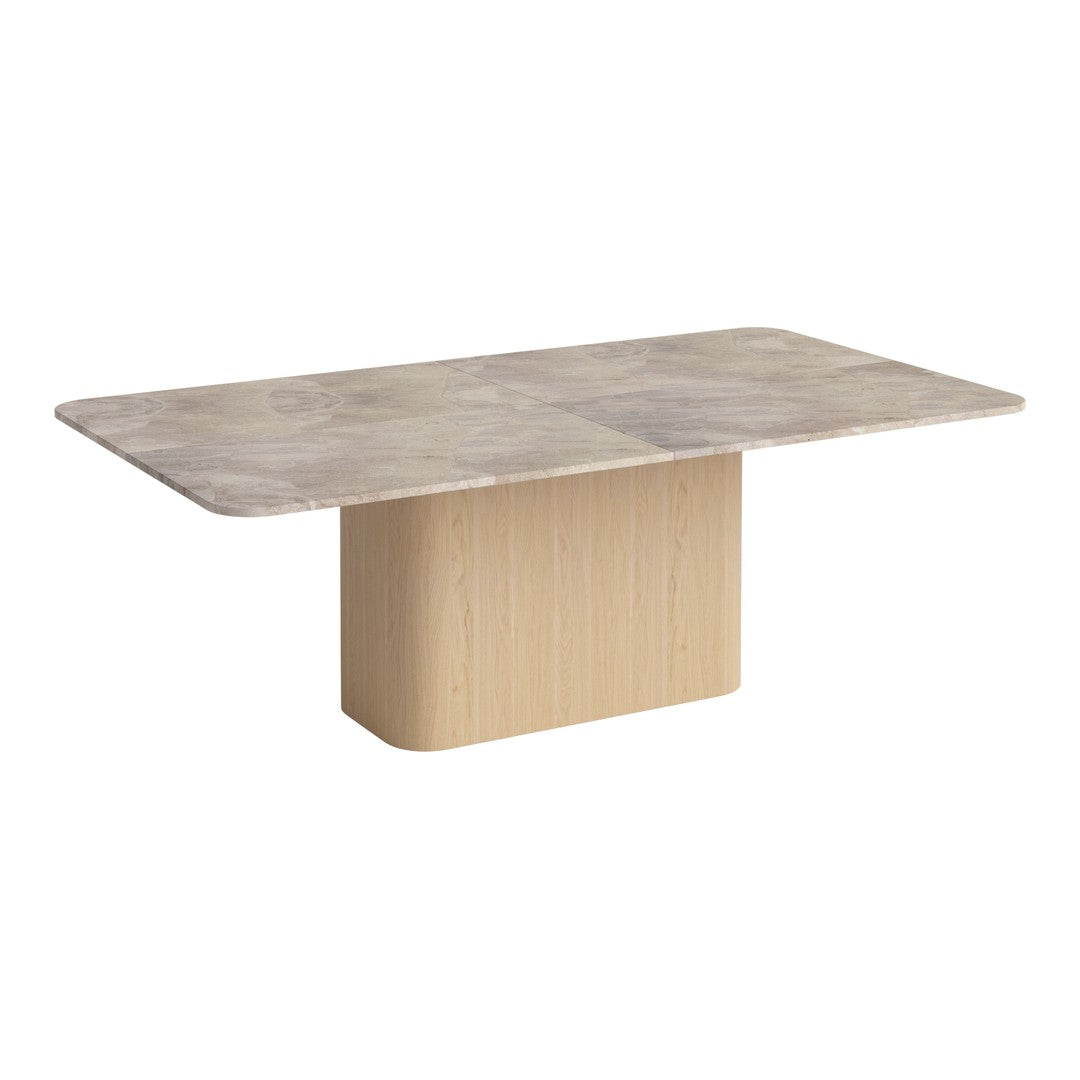 Modern rectangular table with a soft gray marble top and natural wood base, featuring a sleek minimalist design.
