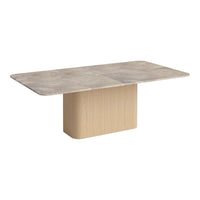 Modern rectangular table with a soft gray marble top and natural wood base, featuring a sleek minimalist design.