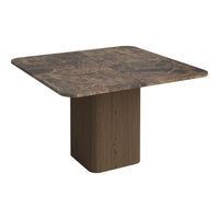 Brown marble tabletop with rich, earthy patterns and a solid wood base, enhancing modern decor.