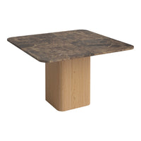 Square table with a textured dark marble top and a light wood base, showcasing a sophisticated color contrast.