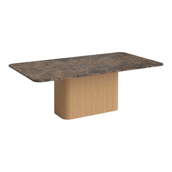 Rectangular dining table with a dark marble top and light wood base, featuring smooth, modern lines.