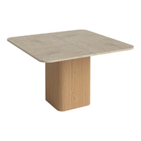 Square dining table with a smooth light beige top and a natural wood base, featuring minimalistic design and clean lines.