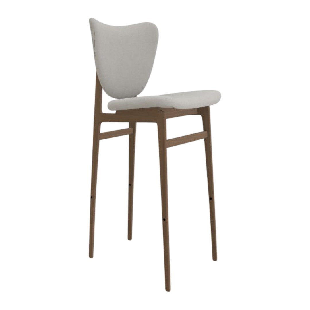 Light gray upholstered bar stool with a smooth fabric finish and natural wood legs. Modern and minimalist design.