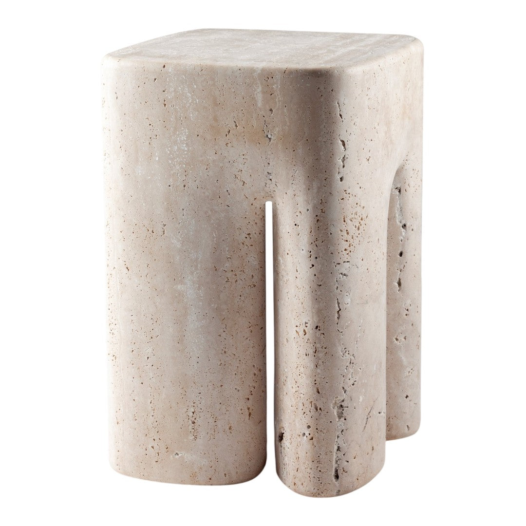 Textured beige stone stool with a modern, minimalist design and subtle natural color variations.
