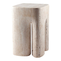 Textured beige stone stool with a modern, minimalist design and subtle natural color variations.