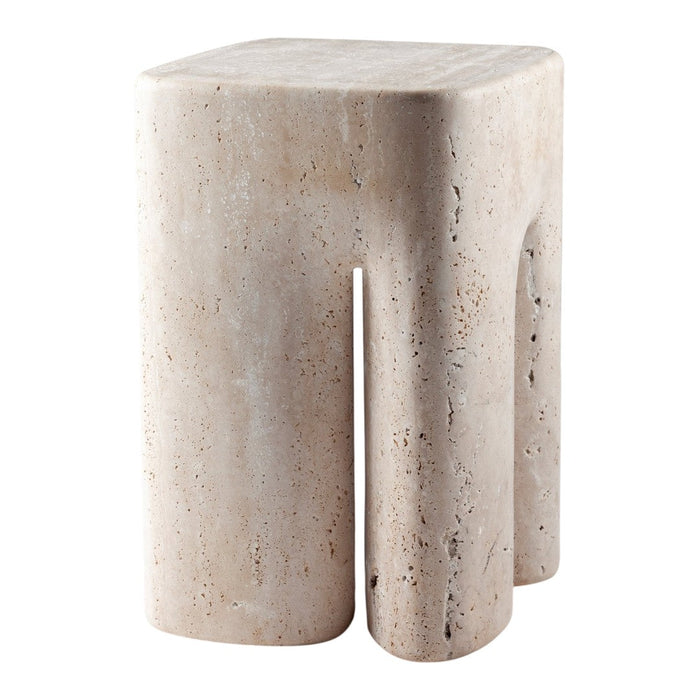 Textured beige stone stool with a modern, minimalist design and subtle natural color variations.