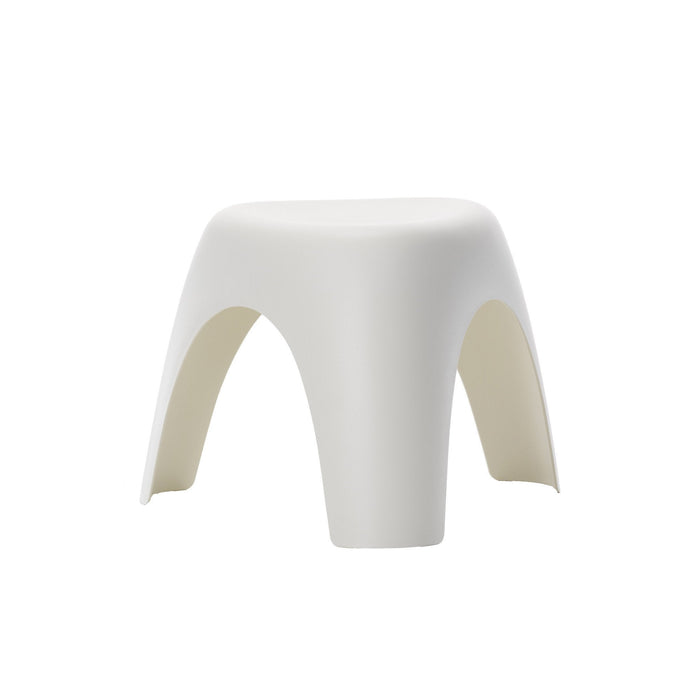 White minimalist stool with smooth curves and a matte finish, featuring a two-tone design in light beige accents.