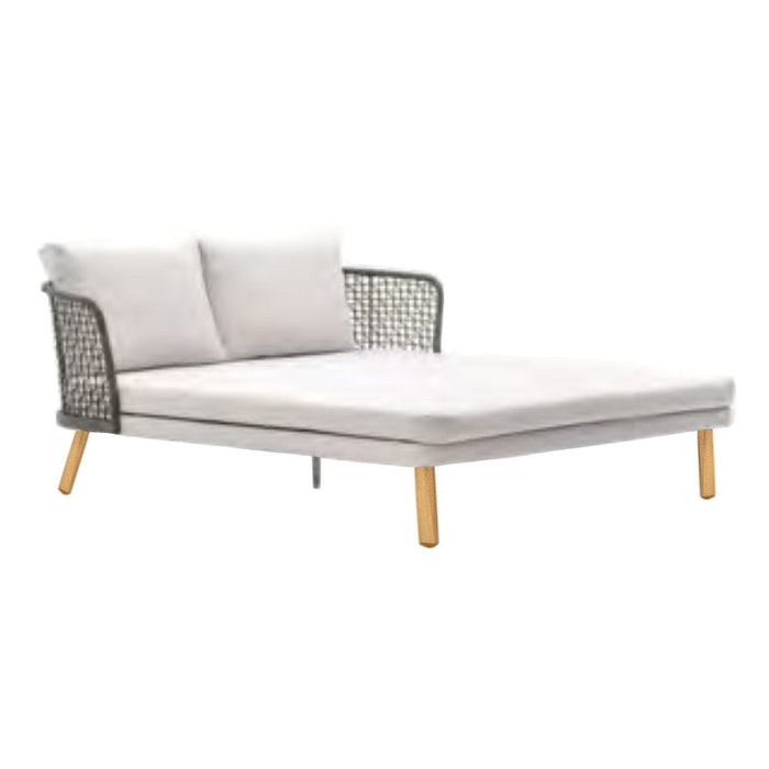 Light grey cushioned daybed with a woven charcoal grey backrest and natural wood legs, perfect for modern outdoor spaces.
