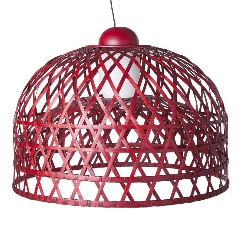 Red woven pendant lamp with a geometric lattice pattern, featuring a round top and open design for unique decor.