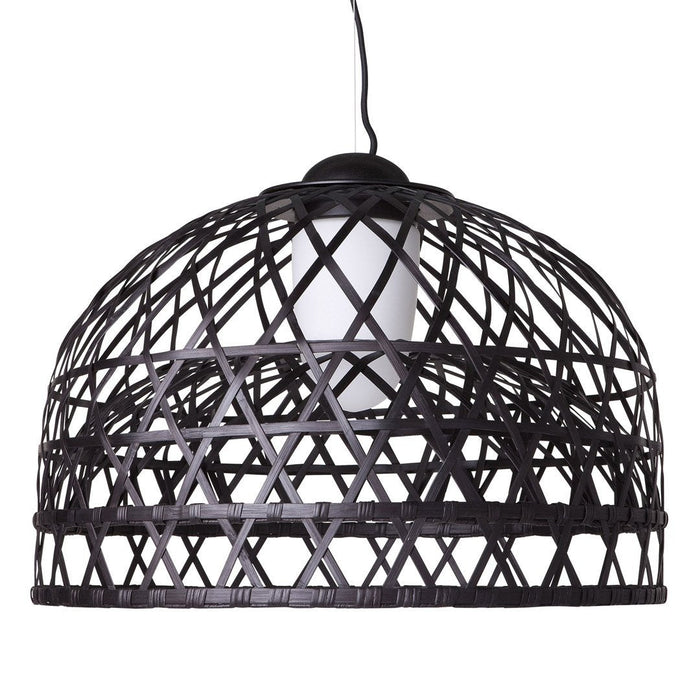 Black woven pendant lamp with an intricate geometric pattern and a white bulb, adding a modern touch to decor.