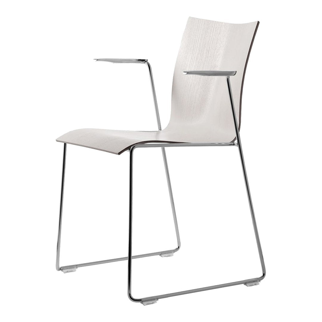 Stylish white chair with sleek chrome legs and minimalistic design, ideal for modern spaces.