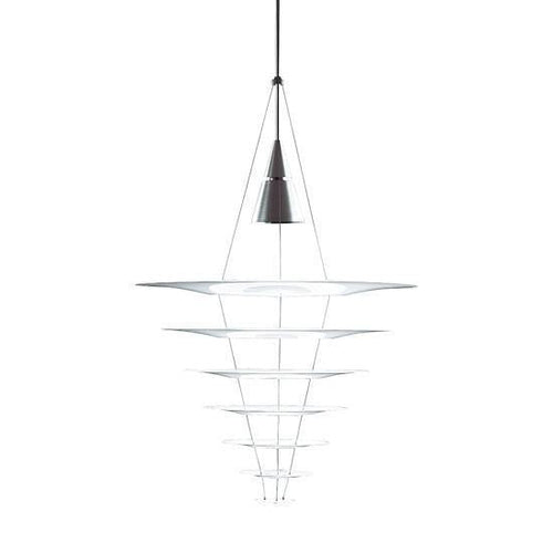 Sleek white geometric chandelier with a minimalist design, featuring a black hanging cord and circular layered pattern.