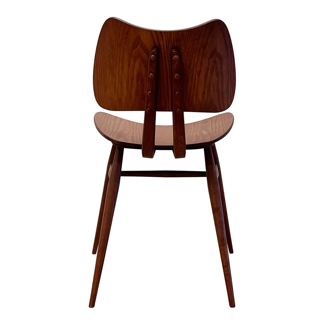 Wooden chair featuring a rich walnut color with a smooth, curved design and contrasting lighter seat.
