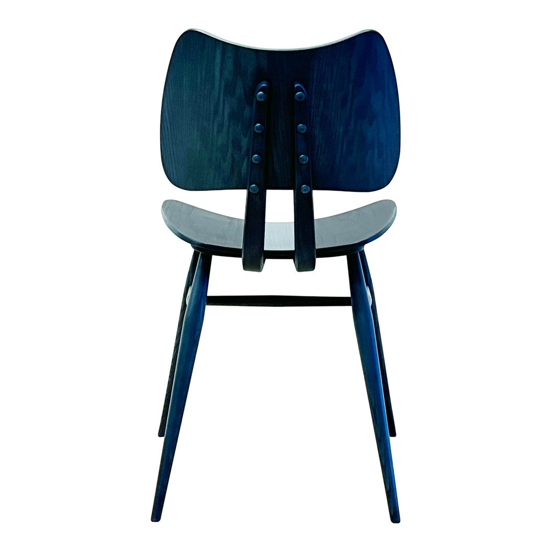 Blue wooden chair with a sleek, minimalist design and smooth surface. Features a unique backrest pattern.