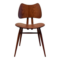 Mid-century wooden chair with a rich walnut finish and smooth, curved lines. Modern aesthetic with minimalistic design.