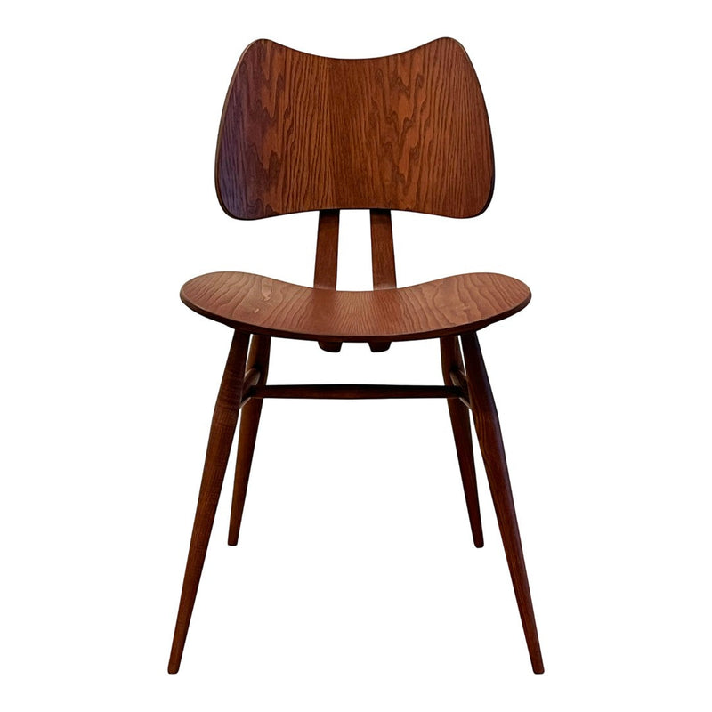 Mid-century wooden chair with a rich walnut finish and smooth, curved lines. Modern aesthetic with minimalistic design.