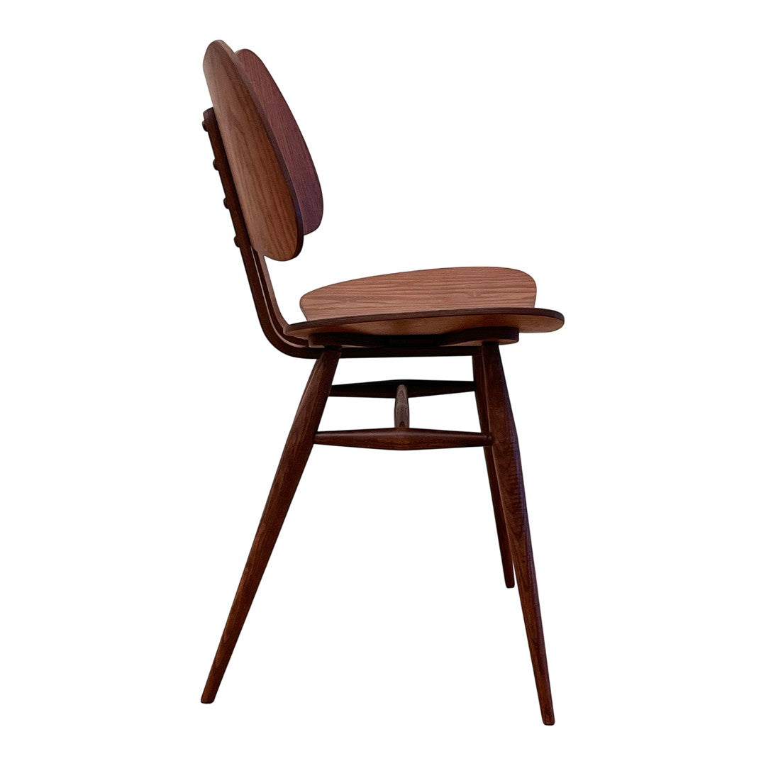 Mid-century modern chair with a rich brown wood finish and curved, layered seat design in warm tones.