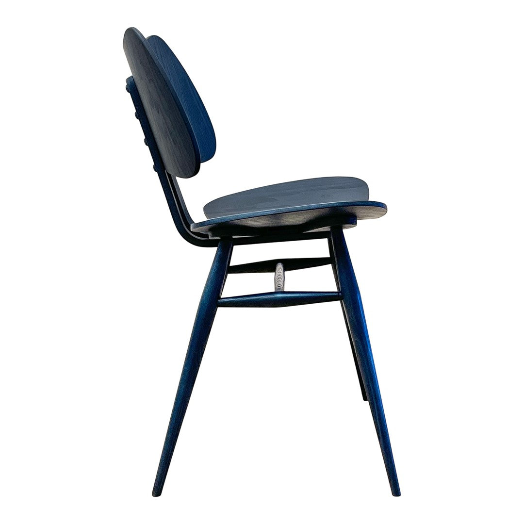 Modern blue chair with smooth, rounded cushions and sleek wooden legs, featuring a minimalist design and stylish contours.