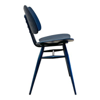 Modern blue chair with smooth, rounded cushions and sleek wooden legs, featuring a minimalist design and stylish contours.