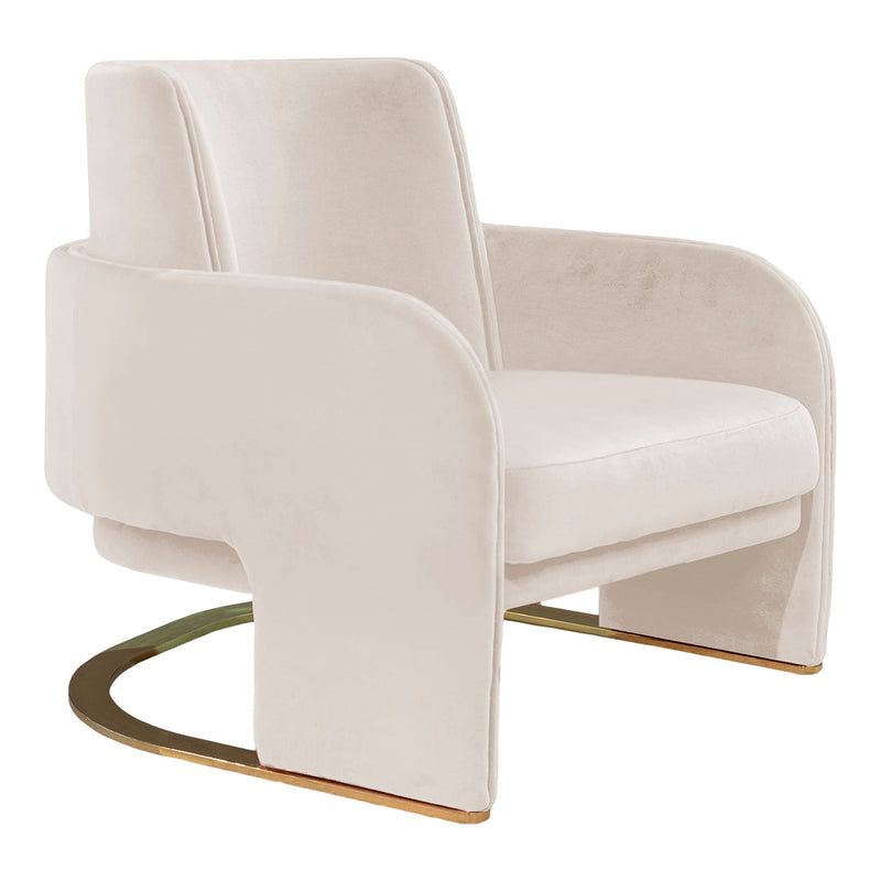 "Modern beige velvet armchair with smooth curves and a sleek gold base, perfect for elegant interiors."