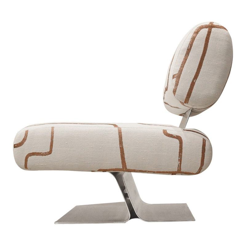 Cream and beige chair with abstract brown line patterns on a sleek metal base. Modern design for stylish interiors.