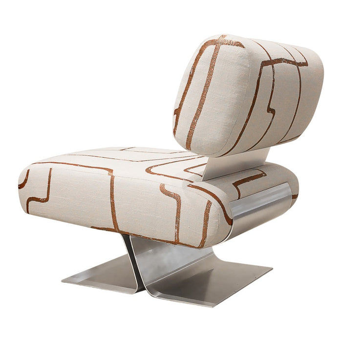 Beige chair with abstract brown line patterns and a sleek metallic base. Modern design for contemporary interiors.