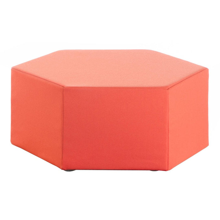 Hexagonal ottoman in vibrant coral with a smooth, solid color finish, perfect for modern decor.