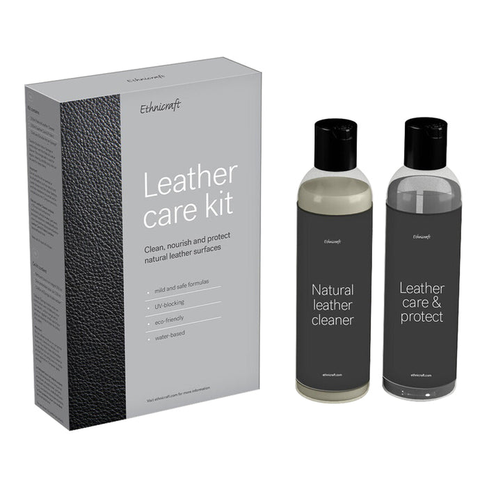 "Leather care kit with sleek black packaging and grey bottles, featuring minimalist design and modern typography."