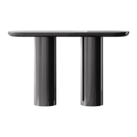 Sleek black glossy table with a smooth top and cylindrical legs, featuring a modern minimalist design.