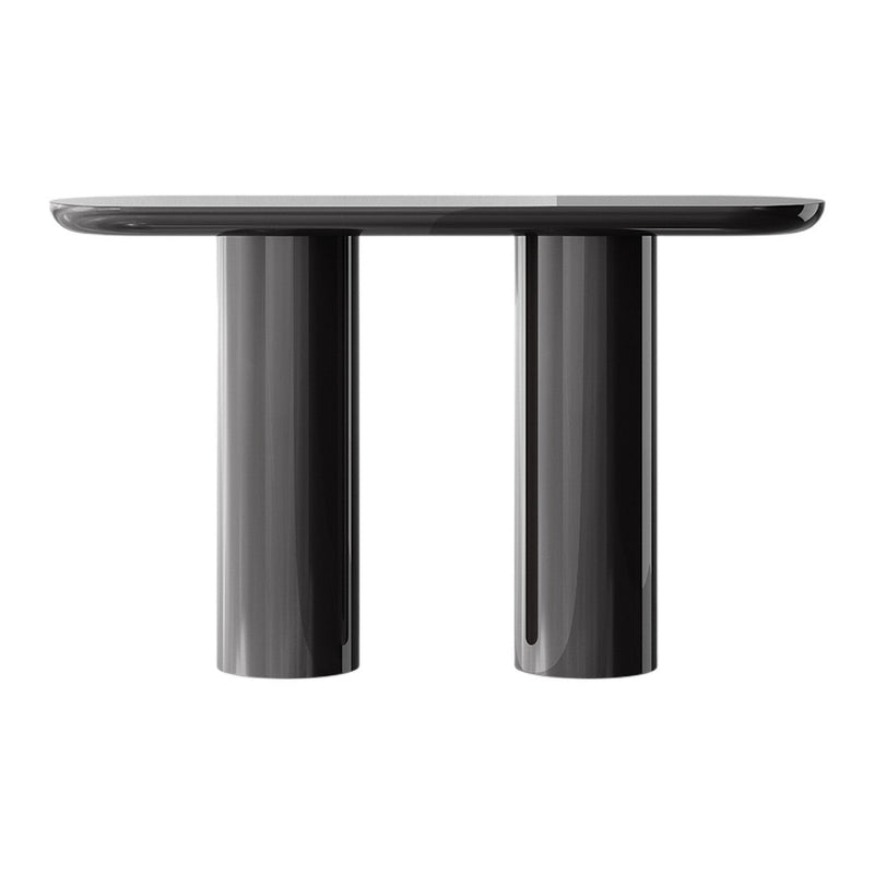 Sleek black glossy table with a smooth top and cylindrical legs, featuring a modern minimalist design.