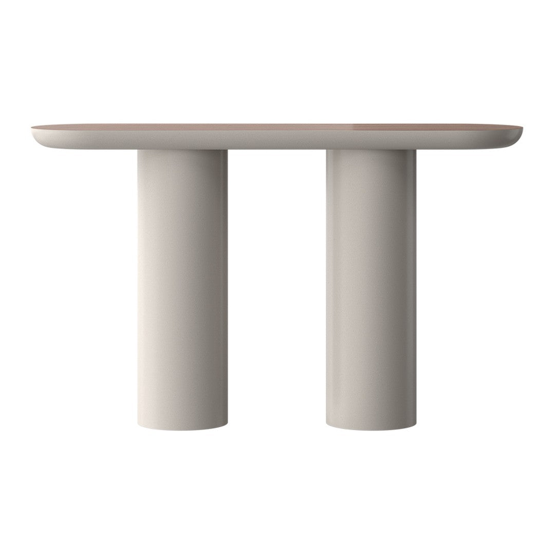 Modern console table in soft beige with a smooth top and cylindrical legs for a minimalist look.