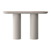 Modern console table in soft beige with a smooth top and cylindrical legs for a minimalist look.