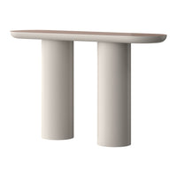 Elegant console table with a smooth beige finish and contrasting light wood top. Minimalist design meets modern aesthetics.