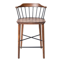 Wooden bar stool with a rich brown seat and black metal accents, featuring a geometric pattern in the backrest.