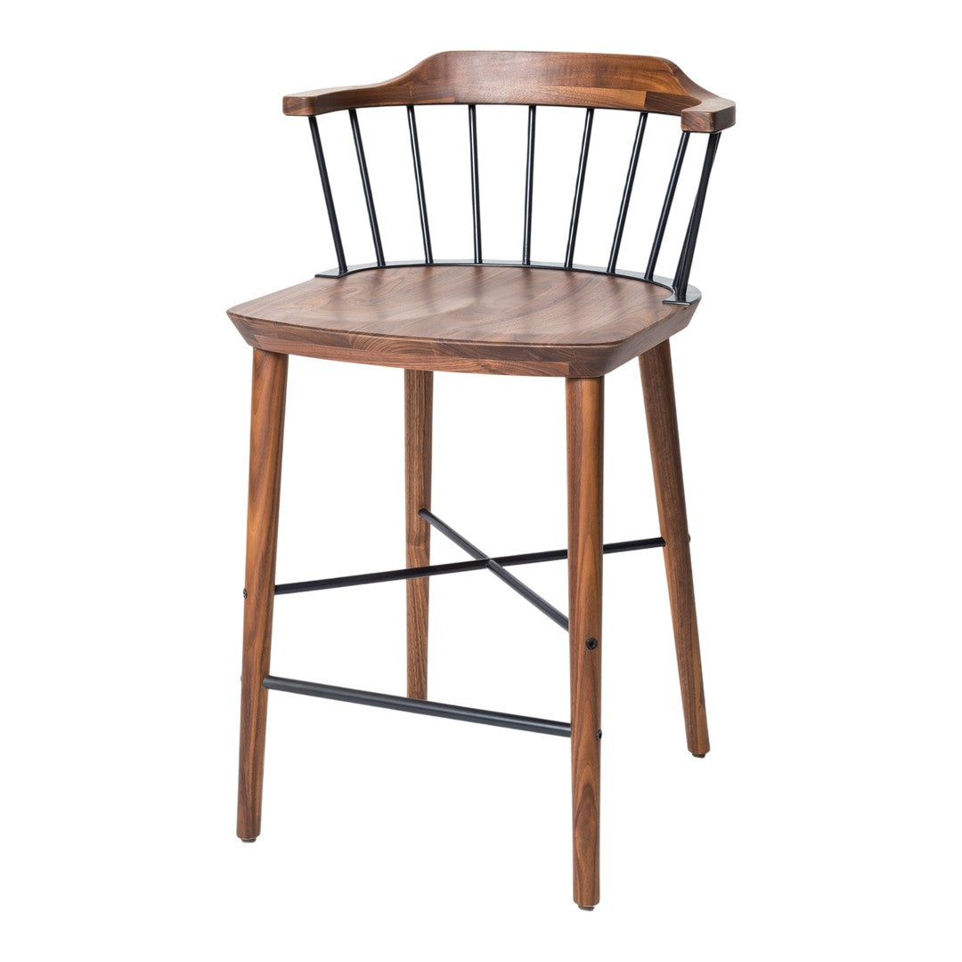 Wooden bar stool with a dark walnut finish and black metal accents, featuring a modern, minimalist design.