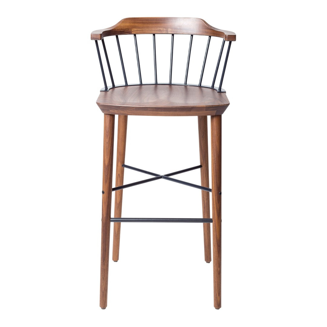 Wooden barstool with a rich brown finish and black metal accents, featuring a minimalist design with clean lines.
