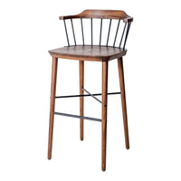 Wooden bar stool with a rich brown finish and black metal accents, featuring a sleek, minimalist design.