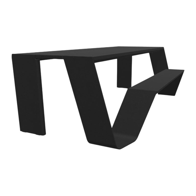 Black modern table with a sleek, minimalist design, featuring geometric lines and a matte finish.