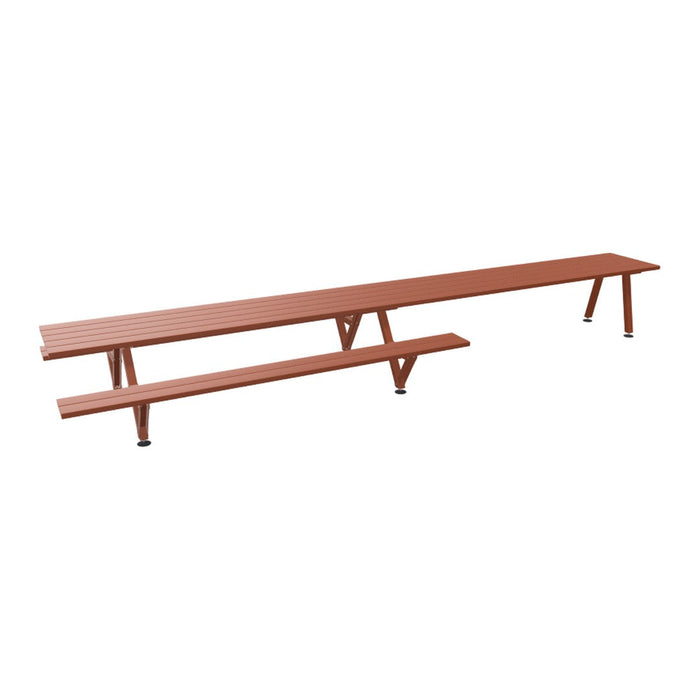 Long brown wooden bench with a slatted design, featuring a smooth, matte finish for a modern look.